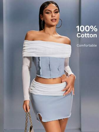 SHEIN SXY Women's 2 Pieces Set: Off-Shoulder Long Sleeve Top And Skirt