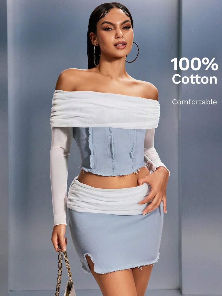 SHEIN SXY Women's 2 Pieces Set: Off-Shoulder Long Sleeve Top And Skirt - Multicolor - View 1