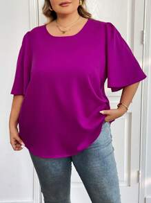 SHEIN CURVE+ Camisa de mujer de tallas grandes de cuello redondo y mangas acampanadas en unicolor