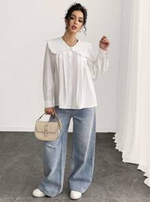 INAWLY Damen Bluse mit Peterchen Kragen, einfarbig, plissiert, lässiger Stil, Langarmtops