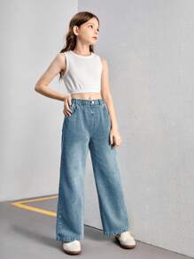 Tween Girls Light Washed Relaxed Straight Leg Jeans, Casual & Versatile Minimalist Design, Suitable For Daily Wear - Medium Wash - View 7