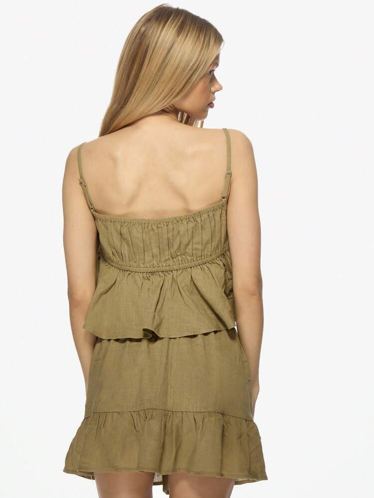 MISSGUIDED Lniany top na ramiączkach z wiązaniem z przodu i falbanką, letni, wakacyjny, w stylu boho, z podwójną kokardą, idealny na wakacje w kurorcie