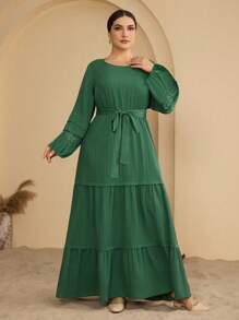 Graceveil Plus Size Women Solid Color Round Neck Flare Sleeve Elegant Dress - Dark Green - View 4