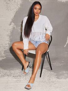 Vixey V 领流苏下摆针织长袖毛衣上衣，波西米亚风女装 - 米色 - 查看 4