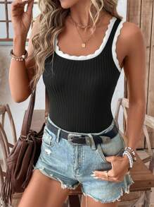 SHEIN LUNE Casual Women's Solid Color Contrast Patchwork Elastic Sleeveless Bodysuit Vacation Outfits Woman Tube Top Boho Women Clothing