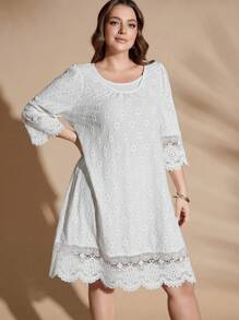 SHEIN Clasi Plus Size Women Round Neck Loose Lace Patchwork Casual Dress - White - View 5