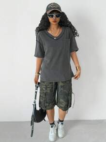 SHEIN Tween Girls Casual Black Oversized Drop Shoulder Loose T-Shirt, Summer/Spring - Black - View 5