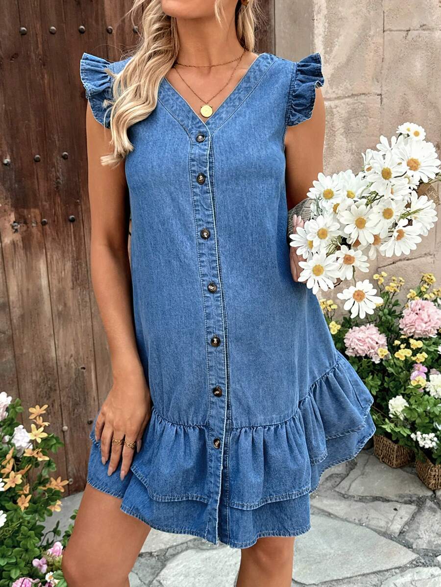 SHEIN Maternity Blue Denim V-Neck Short Dress With Cap Sleeves,Year-Round,For Spring/Summer Holiday,Suitable For Summer,Blue Summer,Vacation Outfits Woman,Easter,Spring,Western,Office Outfits For Women,Rave Outfits,Baby Shower Dress,Cottagecore,Country Outfits Women, Chic,Dresses For Women Elegant,Beach Dress,Graduation Dress,Vacation Dress,Easter Dress,Sundress,Mother Day/Mom/Mother/ Mommy/Mother's Day/Mama/Mum/Mother's Day Gift - Blue - View 1
