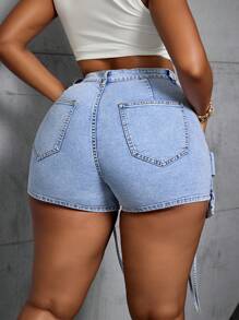 SHEIN Slayr Plus Size Women Cargo Pockets Casual Denim Shorts - Blue - View 2