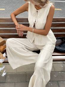 Serisse Bộ 2 quần và áo vest không tay màu trơn cho nữ, trang phục thường ngày thời trang tối giản, bộ hai món áo babydoll không tay và quần ống rộng dài đến gối, nơ cài trước và giữa, vải họa tiết màu trơn, kỳ nghỉ thanh lịch, thích hợp mặc hàng ngày, xuân/hè - Màu be - Xem 6