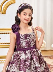 SHEIN Tween Girl Elegant One-Shoulder 3D Flower Contrast Waist Sleeveless Dress - Purple - View 4