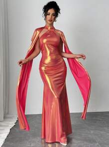 Chiquease 女士新款情人节晚礼服派对性感收腰修身露背百褶无袖交叉挂脖蝴蝶结优雅连衣裙 - 粉色 - 查看 3