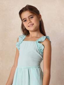 SUMWON Mono de verano con volantes en los tirantes, pierna ancha de longitud completa, diseño contemporáneo casual, pantalón mono para niñas, ropa de vacaciones y resort, moda juvenil