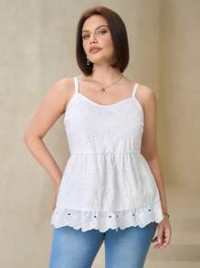 SHEIN Clasi Plus Size Elegant Solid Color Hollow-Out Embroidered Camisole - White - View 4