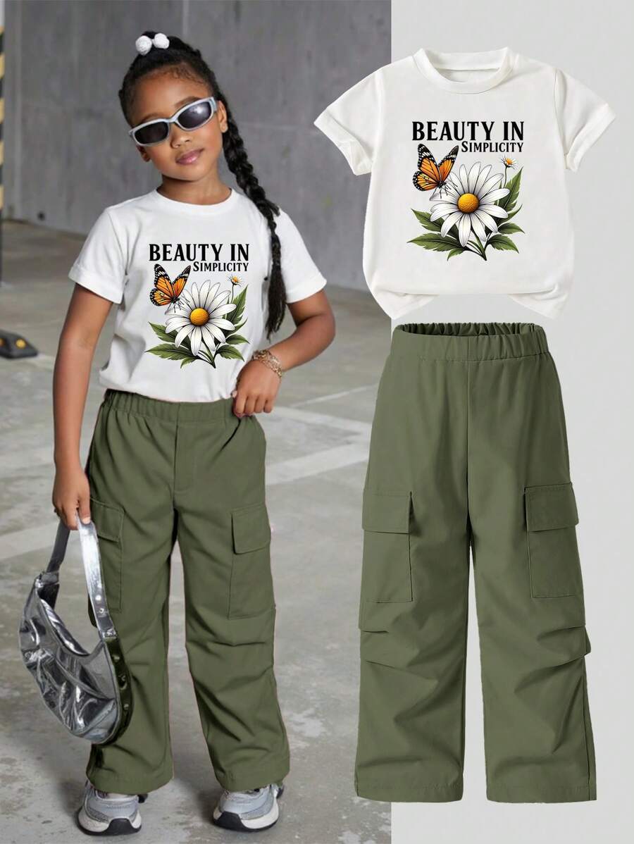 SHEIN 年轻女孩字母与蝴蝶印花短袖 T 恤与工装裤套装 - 軍綠色 - 查看 1