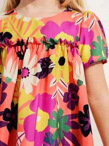 SHEIN Young Girl Floral Print Round Neck Loose Fit Short Sleeve Dress, Vacation Style