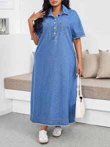 SHEIN Lady Plus Size Long Denim Casual Short Sleeve Dress, Blue Summer Vacation Outfits Woman 90s Clothes Spring Outfits For Women Y2k Clothes Cowgirl Outfits For Women Rave Spring Break Outfits Going Out Outfits Streetwear 2000s Style Concert Outfits Old Money Vegas Night Outfit Festival Outfits For Women Rave Outfits Festival Easter Women Birthday Outfits For Women Beach Outfits For Woman Boho Ibiza Fits Festival Outfits For Women - Blue - View 7