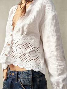 Bohemela Plus Size Solid V-Neck Long Sleeve Fitted Blouse,Vintage - White - View 8