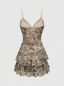 ROMWE Hippie 女式复古嬉皮风格荷叶边缎带蕾丝佩斯利印花迷你连衣裙