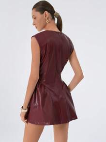 Aveloria Modichic 欧美风格安哥拉红复古设计 PU 圆领腰部收褶短袖女式短裙 - 酒紅色 - 查看 2