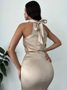 Firerie 女式缎面绒领领带衬衫上衣和褶皱长裙两件套，情人节/音乐会/表演服装/约会/宴会/舞蹈/婚礼季节/性感/优雅/通勤/返校季节/度假/海滩/浪漫 - 杏色 - 查看 3