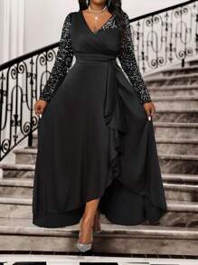 SHEIN Lady Spring And Summer Valentine's Day Formal Dresses For Women Prom Dress Business Casual Woman Wedding Guest Dress Women Black Sequin Patchwork Women Long Black Dresses
