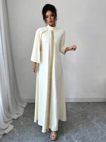 Selianne Váy dạ hội sang trọng dành cho nữ, đính hạt thủ công ở giữa phía trước, lễ hội Eid, tay áo 3/4, váy dệt kim - Màu be - Xem 4