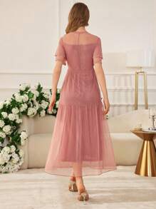 Modelyn Vestido acampanado elegante de mujer con parches de malla a lunares, volantes y botones de perla, para primavera/verano - Rosa - Ver 2