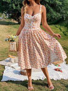 Flirla 大码女式春夏碎花撞色蕾丝吊带连衣裙