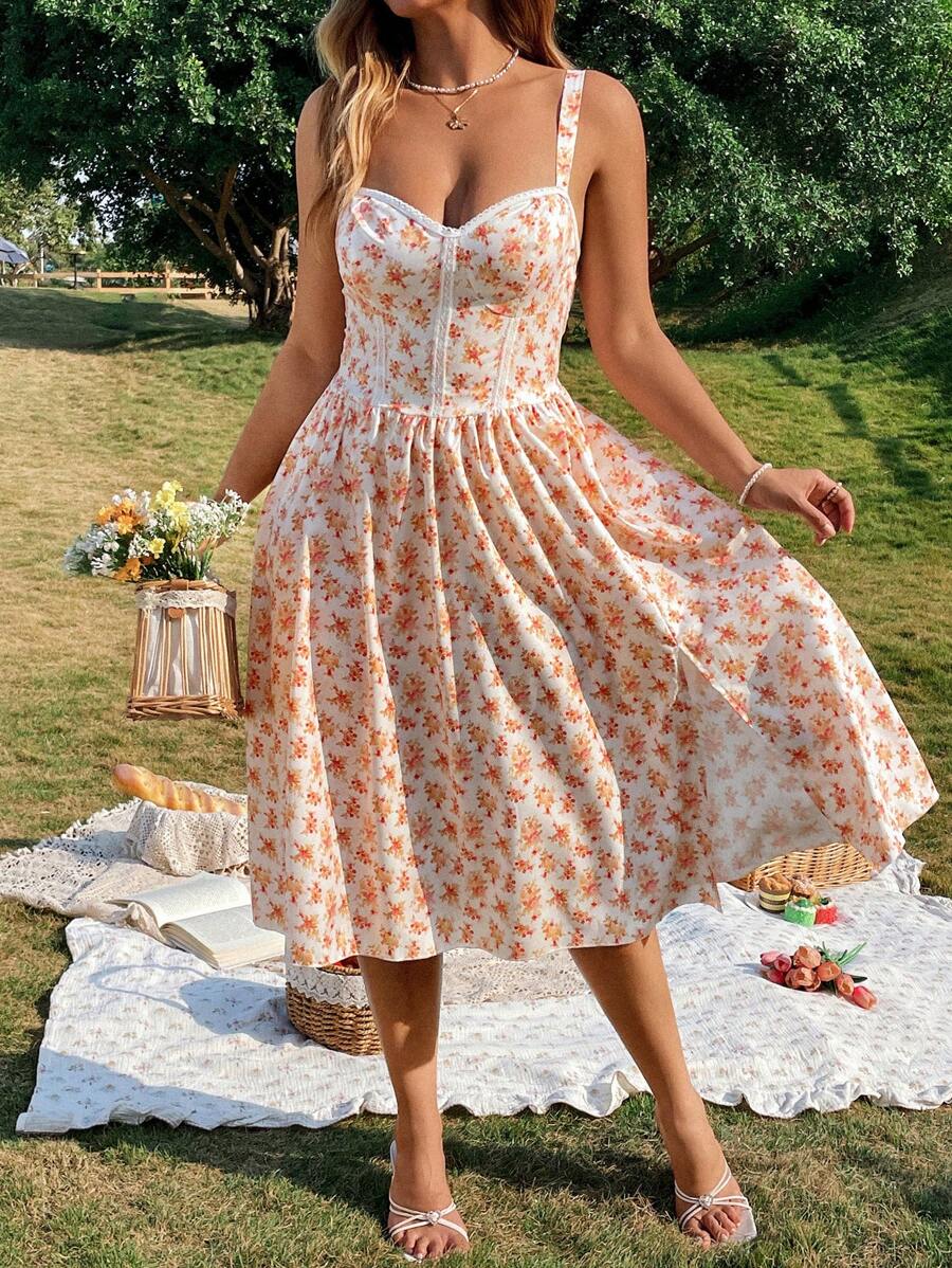 Flirla 大码女式春夏碎花撞色蕾丝吊带连衣裙