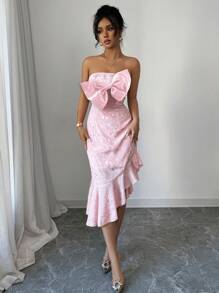 Elenzga Front 3D Bow Decor Asymmetric Ruffle Trim Waist Cinched Dress - Pink - View 7