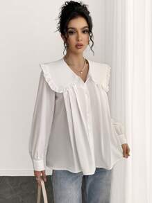 INAWLY Damen Bluse mit Peterchen Kragen, einfarbig, plissiert, lässiger Stil, Langarmtops