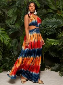 SHEIN SXY Plus Size Women's Spring & Summer Tie-Dye Ruched Backless High Slit Dress,Navy Blue,Summer,Boho,Bridesmaids,Vacation,Holiday, Beach Party Outfit - Multicolor - View 7