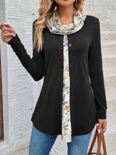 EMERY ROSE Women's Solid Color Splice Button Front Long Sleeve Casual T-Shirt