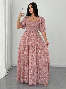 Elenzga 大码优雅碎花泡泡袖连衣裙 - 粉色 - 查看 4