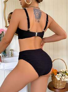 Swim DD+ Women's Sexy Deep V-Neck High Waist Textured Bikini Set Top & Bottom , For Holiday, Summer Beach Vacation - Black - View 6