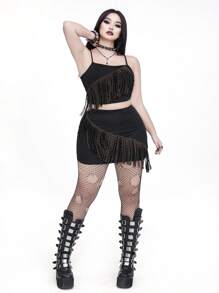 Whyspr Conjunto de 2 Peças Top e Mini Saia com Franjas em Malha Preta, Estilo Simples Oeste, para Mulheres Acima do Tamanho, Festival de Música e Férias, Primavera & Verão - Preto - Visão 2