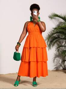 Slaydiva Plus Size Women's Orange Summer Beach Dress,Halter Hollow-Out Multilayer Ruffle Hem Waisted Midi Dress For Holiday,Vacation & Casual Styles - Orange - View 3