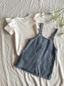 SHEIN Baby Girls White And Blue Floral Denim Cami Dress Set,Cute Short-Sleeved Knitted Top&Open Crotch Denim Effect Suit For Autumn Picnic,Spring Summer - Multicolor - View 4