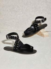 SHUZIA Nuevas sandalias de tacón plano negro para mujer con doble tira con detalles de tachuelas, diseño de plataforma para verano y primavera