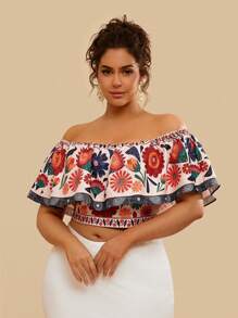 Travachic 大码休闲夏季海滩花朵印花露肩荷叶边短款女式上衣 - 彩色 - 查看 3