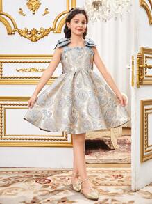 SHEIN 青少年女孩珍珠肩蝴蝶结后背蝴蝶结派对连衣裙，无袖