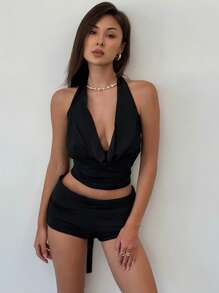 Aloruh Women's Sexy Halter Backless Tank Top + Low-Rise Super Shorts Party Outfit Set - Black - View 7