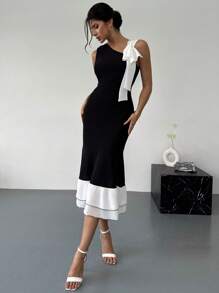 Firerie 女士优雅浪漫雪纺蝴蝶结拼布无袖中长连衣裙 - 黑與白 - 查看 4