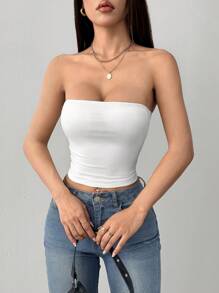 SHEIN PETITE 女款緊身休閒白色抹胸上衣，適合運動（含胸墊），適合嬌小女性 - 白色 - 查看 3