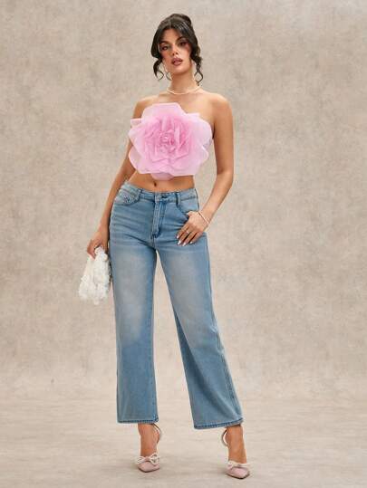 SHEIN BAE 女士甜美可爱简约 3D 花卉装饰百搭吊带背心，适合春夏季假期