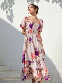 Aveloria Rosie Random Flower Print Square Neck Ruffle Hem Pleated Bust Trim Summer Short Sleeve Dress Vacation Outfits Woman  Boho Beach Fashionable Style For Spring Fall - Purple - View 7