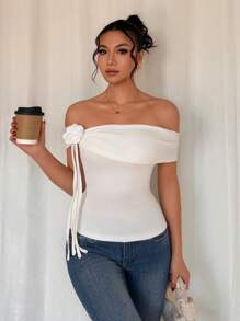 Chiquease High-End Charming Elegant Flower Ribbon Off Shoulder Open Shoulder Sexy Short Sleeves