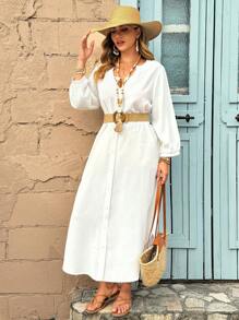 Breezaya 大码女式纯色深 V 领纽扣长袖宽松休闲长裙 - 白色 - 查看 4