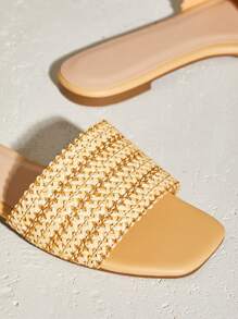 SHUZIA Sandalias planas de punta redonda con tira de rafia natural, un regalo ideal para el Día de la Madre - Beis - Ver 5